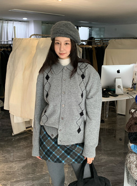 SROOM 2025新款复古韩版气质羊毛撞色提花菱格长袖开衫翻领针织衫