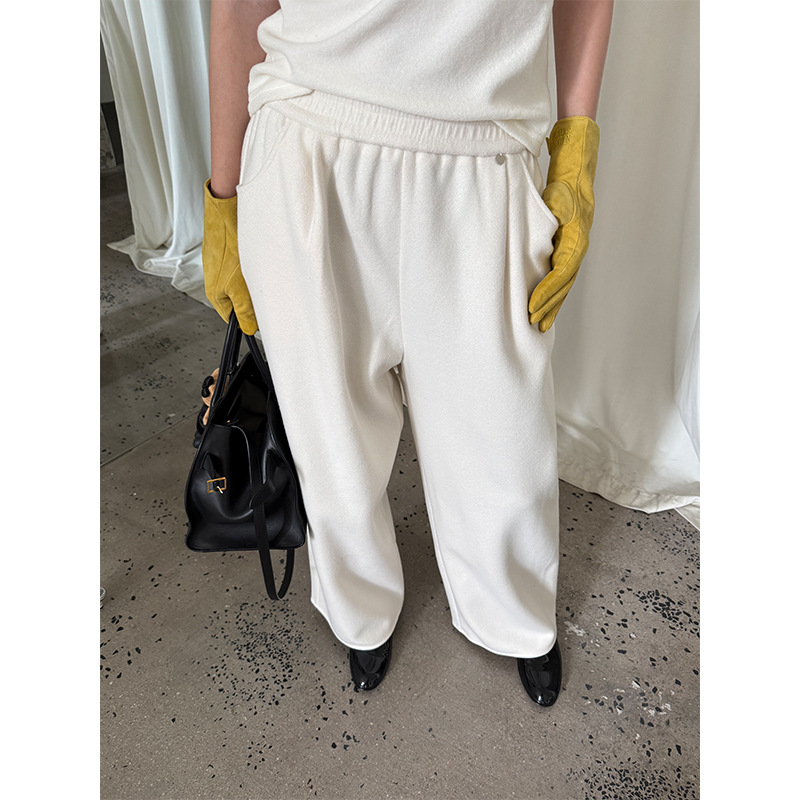 Allo Fu 2025新款休闲慵懒加厚毛呢直筒裤女冬季松紧腰垂感阔腿裤