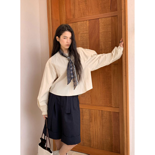 NEIHE内赫 2026年春款法式气质复古丝巾宽松百搭圆领长袖衬衫女