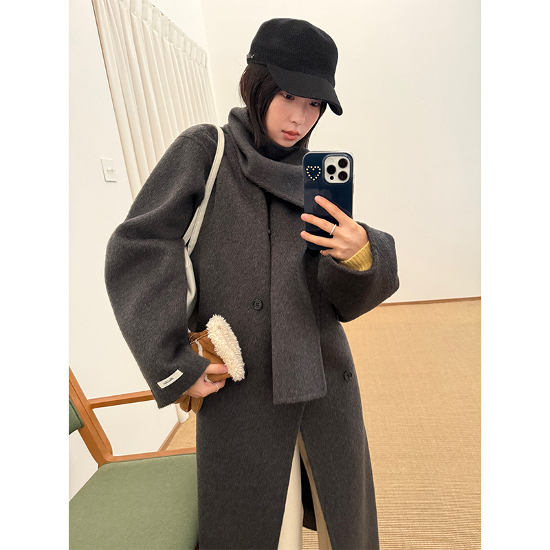 Allo Fu 2025冬季新款围巾羊毛双面呢大衣女中长款双排扣外套