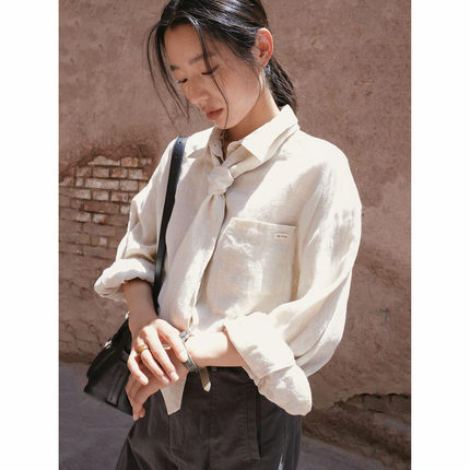 COMOS CMS 2026新款简约韩版气质全亚麻炒色高品质宽松领巾衬衫女