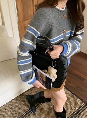 3th Morning  2025新款古着少女 减龄撞色条纹卷边圆领针织开衫