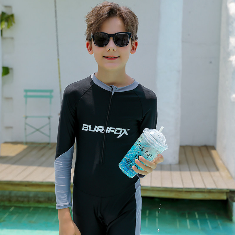 儿童连体平角长袖长裤泡温泉泳衣中大童男孩沙滩冲浪潜水服泳装