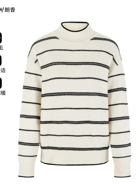 NOWSHOW朗香冬季新品针织衫时尚白底黑条全羊毛衫234050
