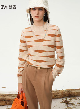 NOWSHOW朗香冬季新品纯羊毛宽松撞色波浪纹圆领毛衣234018