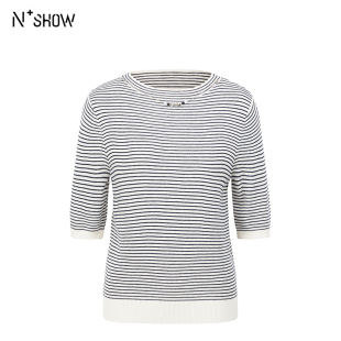NOWSHOW朗香25秋季新品显瘦通勤气质半袖上衣条纹针织衫253048