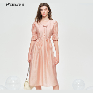 NOWSHOW朗香夏季新品凤仙粉色中国风连衣裙242089