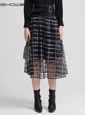 NOWSHOW朗香星空黑绣花网纱半身裙211008