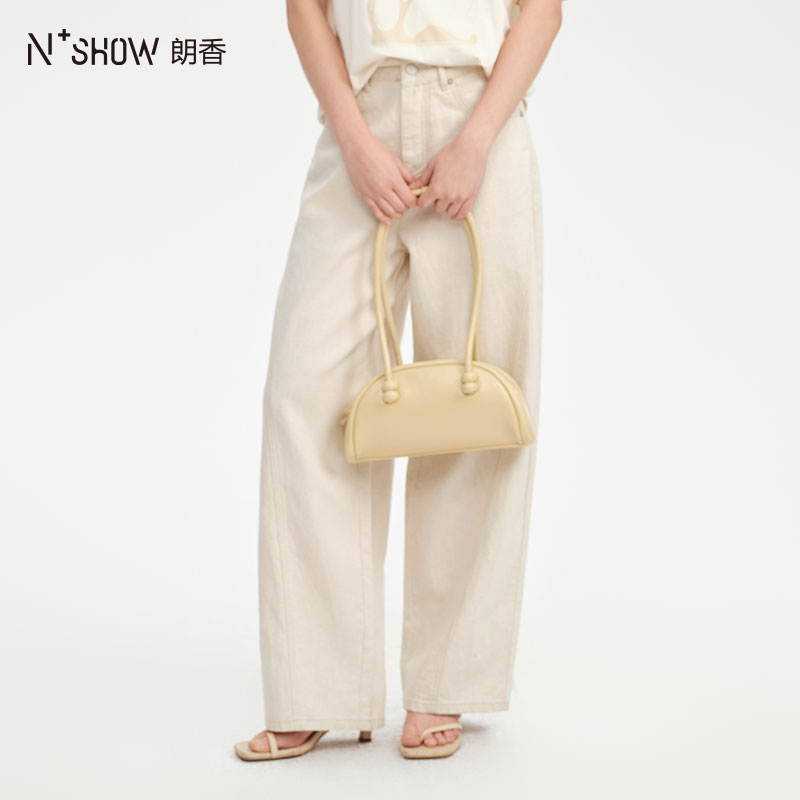 朗香春季白色高腰直筒休闲牛仔裤