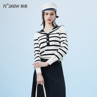 NOWSHOW朗香春季新品长袖海军领条纹针织衫231034