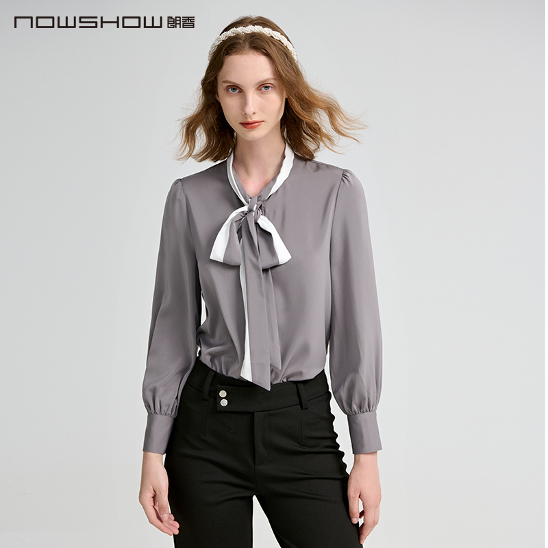 nowshow朗香深灰色飘带领衬衫
