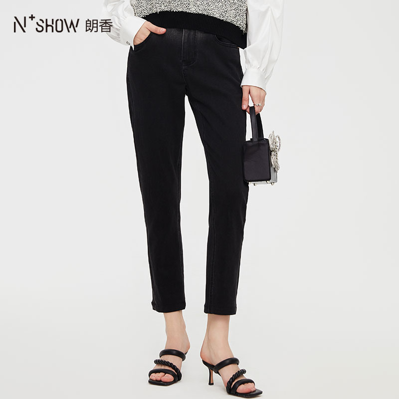 NOWSHOW朗香秋季新品渐变色高腰牛仔裤黑色显瘦小脚长裤233031