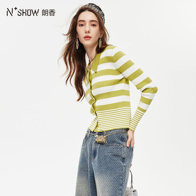朗香秋季新品POLO领条纹针织开衫