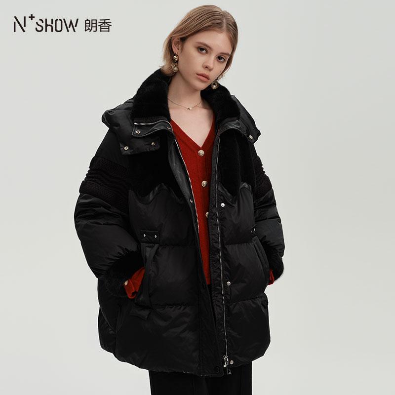 NOWSHOW朗香冬季新品黑色水貂领羊毛拼接连帽休闲羽绒服244082