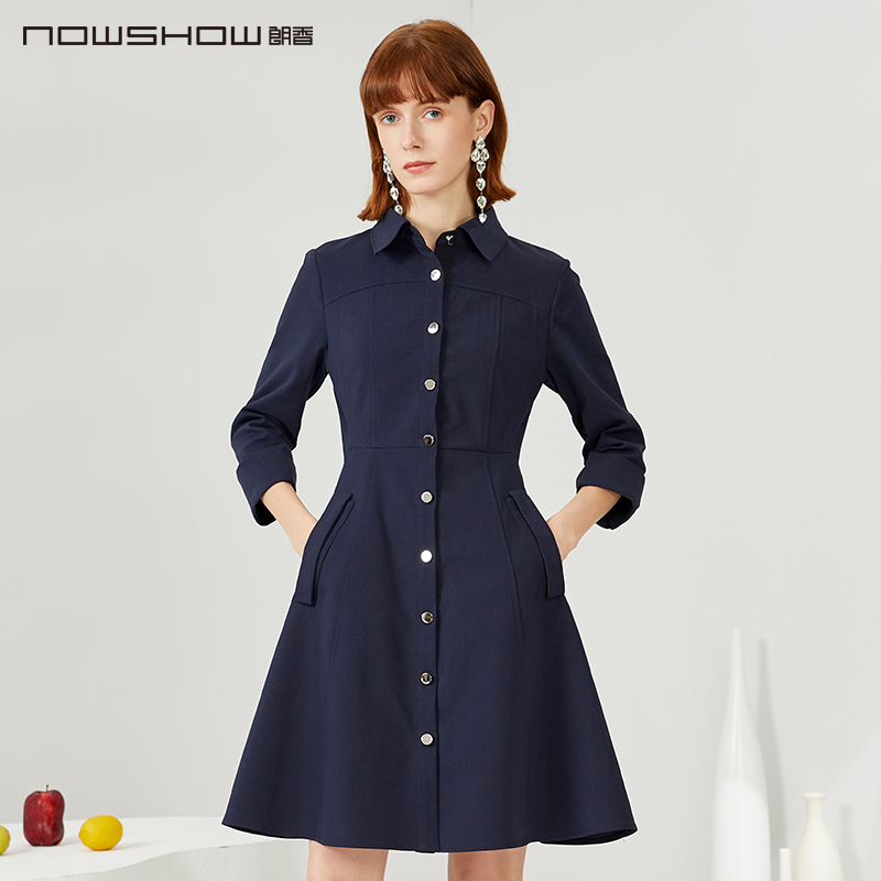 nowshow朗香藏青色单排扣连衣裙