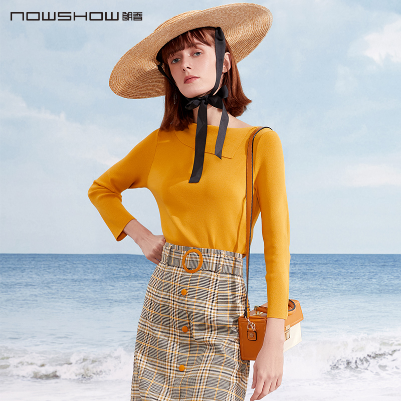 nowshow朗香黄色不对称领口毛衣