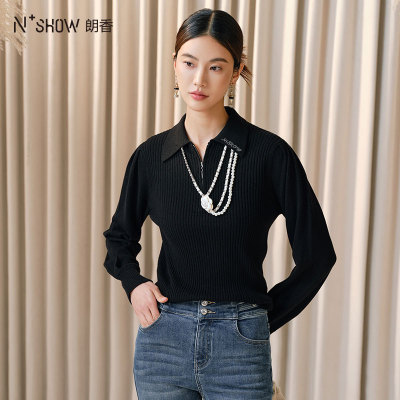 NOWSHOW朗香秋季新品个性烫钻翻领拉链时尚毛衫243028