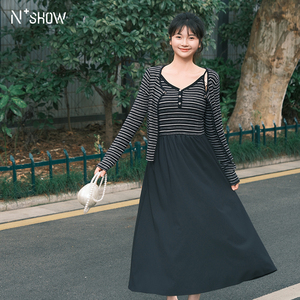 NOWSHOW朗香25秋季新品深邃蓝色显瘦连衣裙套装253011