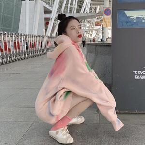 粉色连帽卫衣女秋冬新款中长款宽松韩版慵懒风扎染长袖加绒外套潮