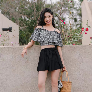 一字肩高腰分体泳衣女 格子夏季 2026新款 网红风保守遮肚显瘦时尚