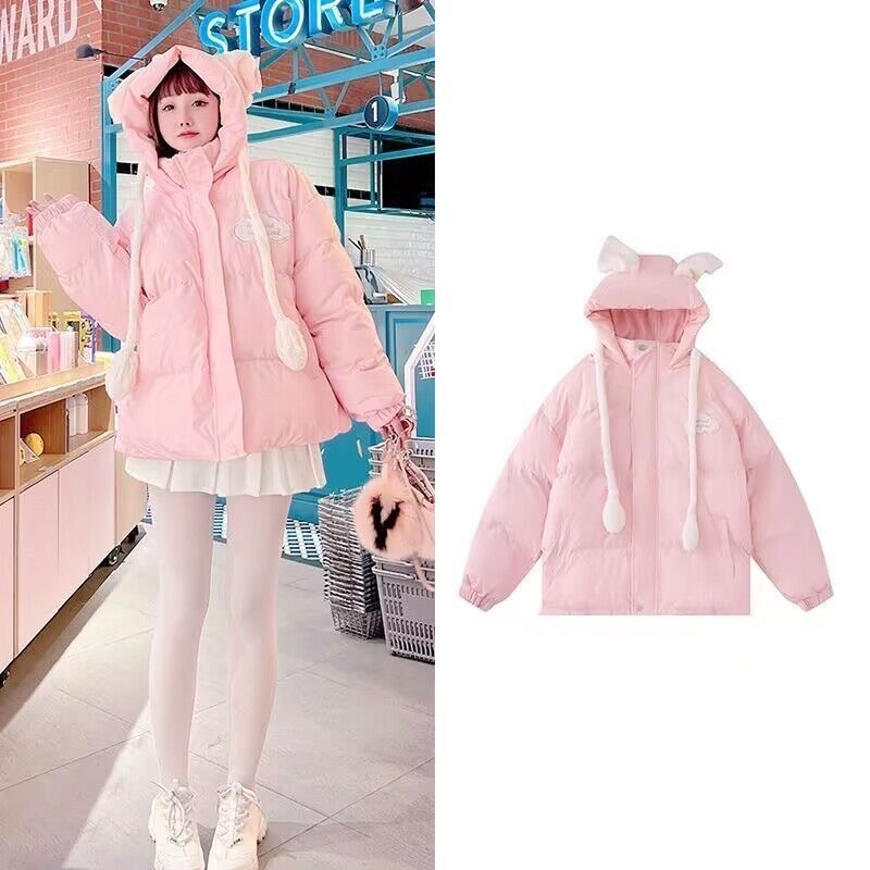 闺蜜棉袄可爱会动兔耳朵设计感小众连帽棉衣加厚面包服外套ins潮