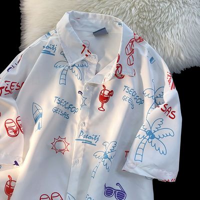 卡通新款夏日女生海边穿搭衬衣男女特色上衣设计感超火情侣衬衫