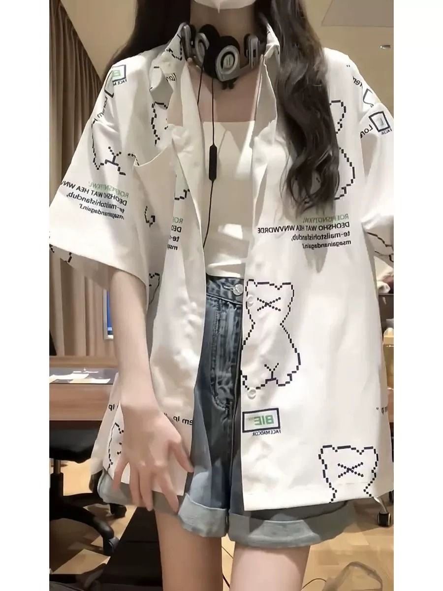 港风国潮牌趣味涂鸦短袖外套衬衫男女夏季宽松休闲大码上衣ins潮