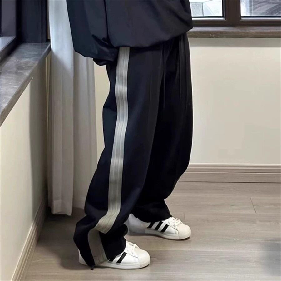 秋冬男士三条杠宽松休闲运动直筒裤男长裤嘻哈美式裤潮牌大版型库