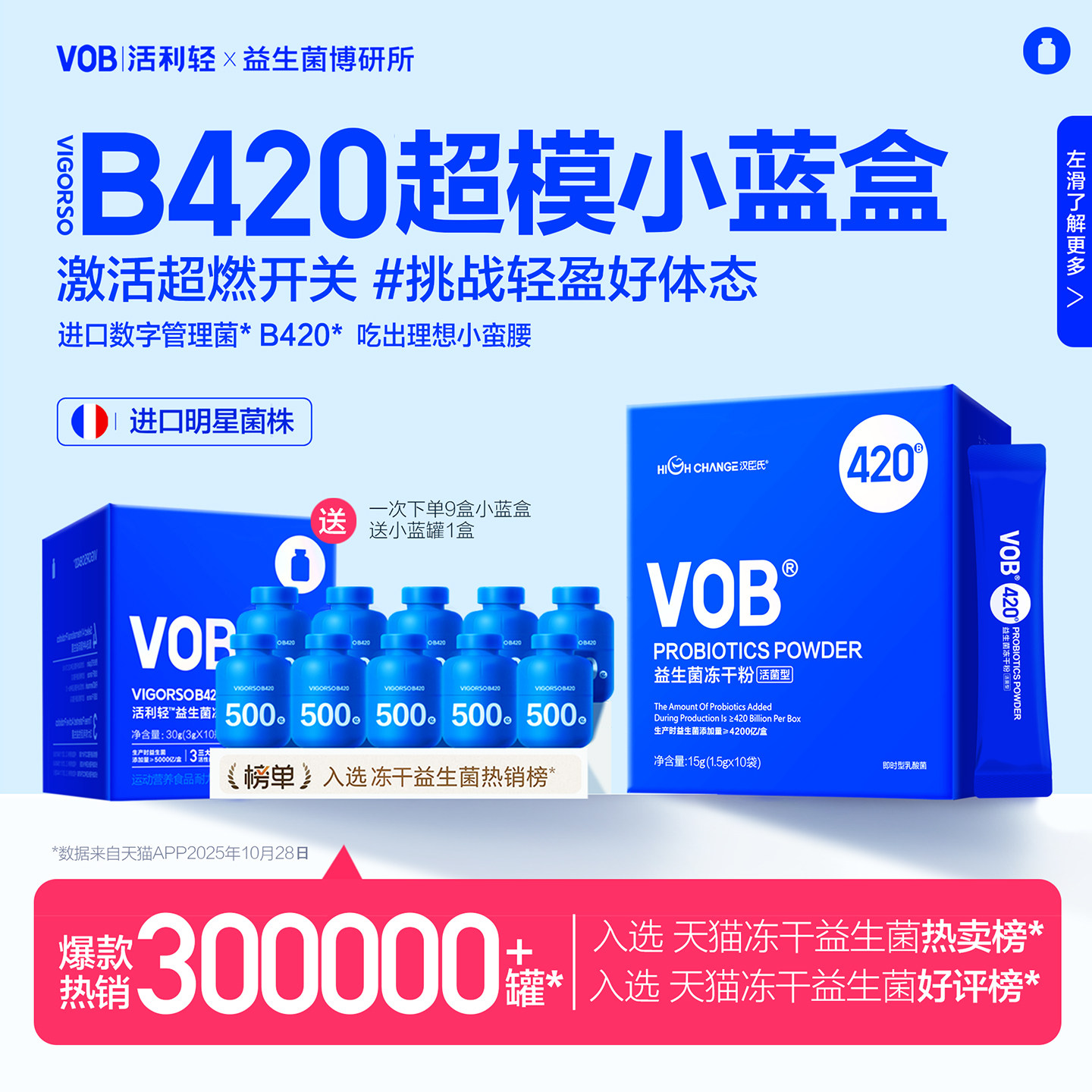 汉臣氏VOB小蓝盒罐进口菌株B420益生菌成人女肠胃超燃身材冻干粉,保健食品/膳食营养补充食品,益生菌,淘宝优惠券,粉丝福利购,淘宝优惠卷
