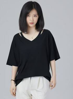 新款欧货大版t恤女短袖夏季大码胖MM宽松薄款v领显瘦百搭上衣女装