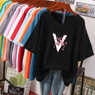 v领显瘦百搭上衣女装 欧货大版 胖MM宽松薄款 大码 夏200斤 t恤女短袖