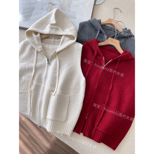 新款 洋气宽松内搭背心叠穿毛衣坎肩女 连帽双拉链休闲针织马夹韩版