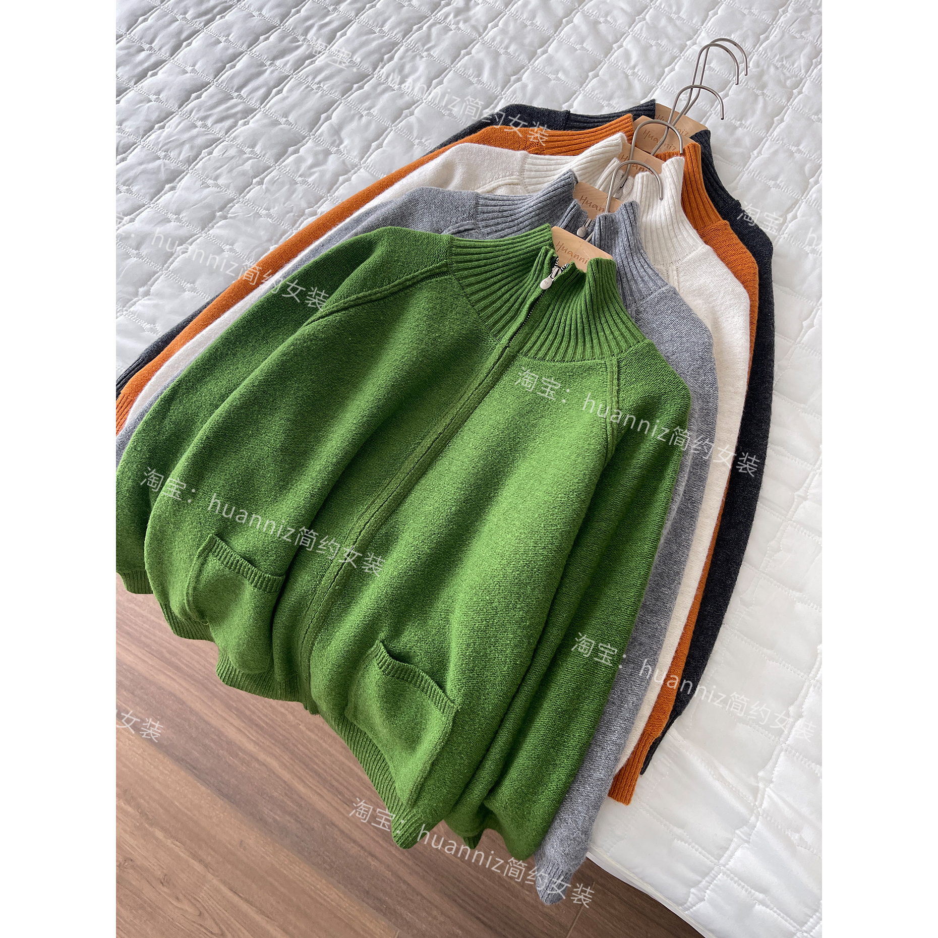 显白绿色插肩袖毛衣上衣羊驼绒双头拉链半高领口袋针织衫开衫女