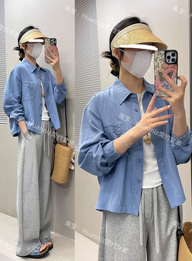 清新蓝色短款小个子衬衫薄款天丝防晒衫宽松休闲基础小外套衬衣女