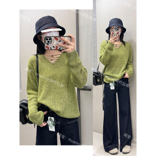 秋超洋气ju显白绿色毛衣手工穿珠羊绒衫 上衣女 松软宽松慵懒针织衫