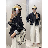 休闲深色夹克上衣女 新款 韩系复古撞色条纹翻边袖 牛仔外套26春季
