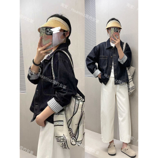 新款 休闲深色夹克上衣女 牛仔外套26春季 韩系复古撞色条纹翻边袖