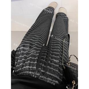 抽绳松紧腰宽松拖地长裤 新款 女 25秋季 奶芙绒垂感慵懒条纹阔腿裤