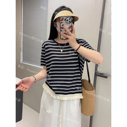 民族风流苏下摆天丝针织衫夏季新款圆领短袖条纹宽松上衣T恤女