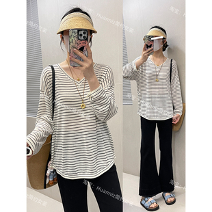 慵懒V领莱赛尔天丝长袖针织T恤女超薄透气春夏条纹防晒空调罩衫