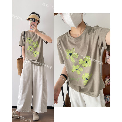 韩系钉珠撞色花朵短袖T恤夏