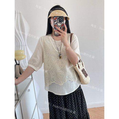 国风假两件拼接蕾丝花边衬衫