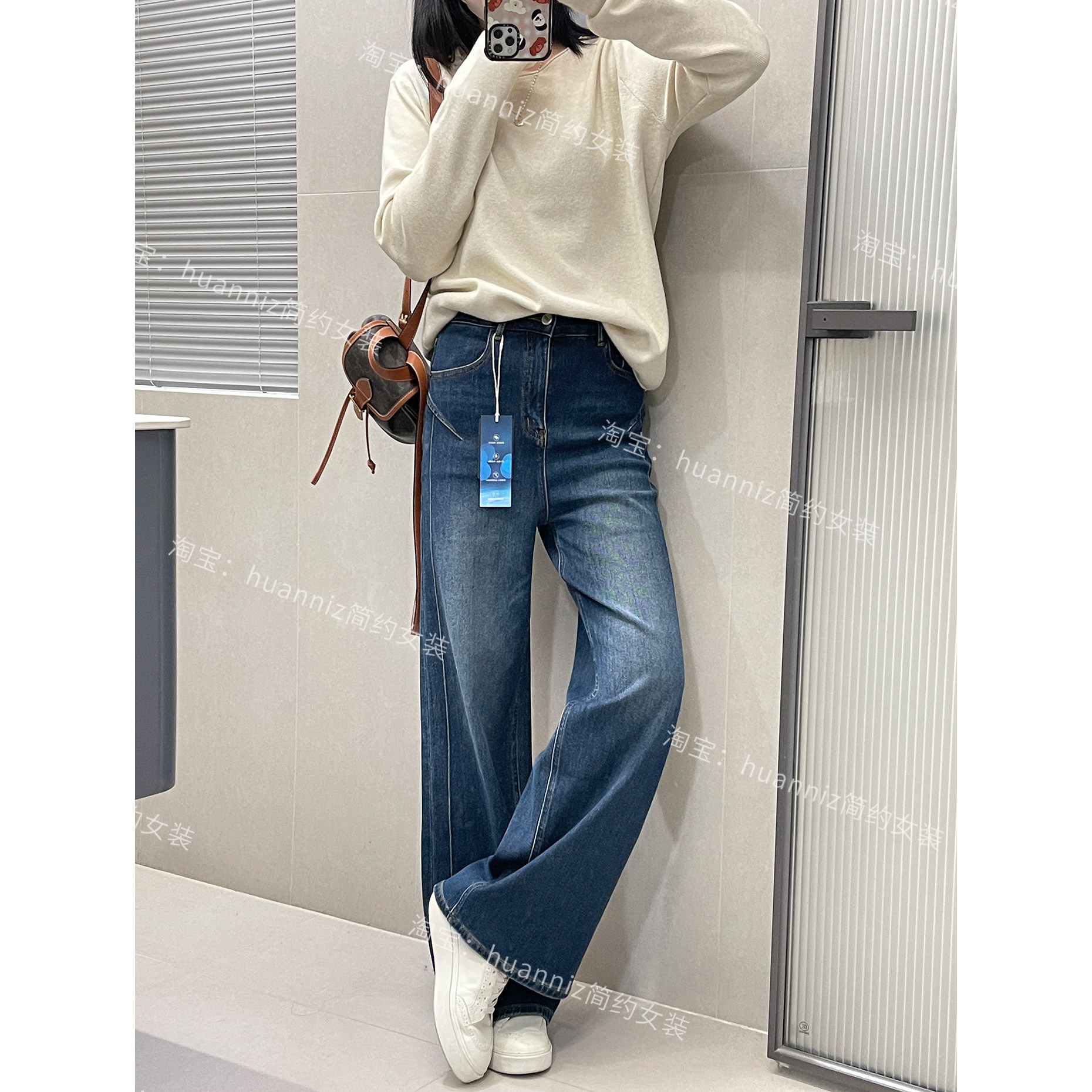 立体侧缝显瘦植绒薄绒牛仔阔腿裤