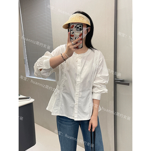 女 秋季 韩系设计感小众圆领收腰显瘦花边衬衫 长袖 白色棉上衣小衫