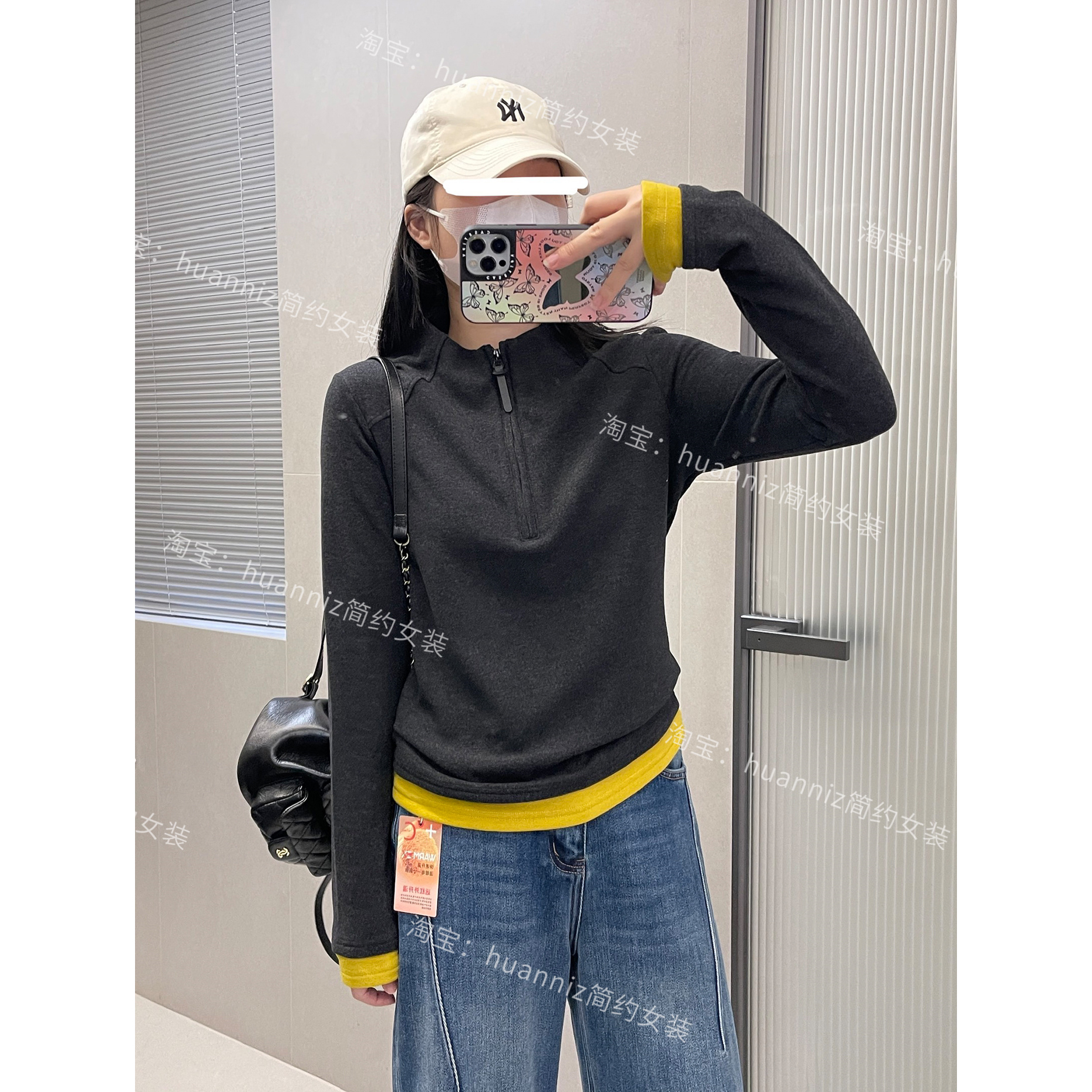 撞色假两件半拉链双面德绒T恤