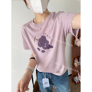 韩系紫色葡萄印花雪花棉T恤夏季女凉感休闲短袖圆领宽松上衣体恤