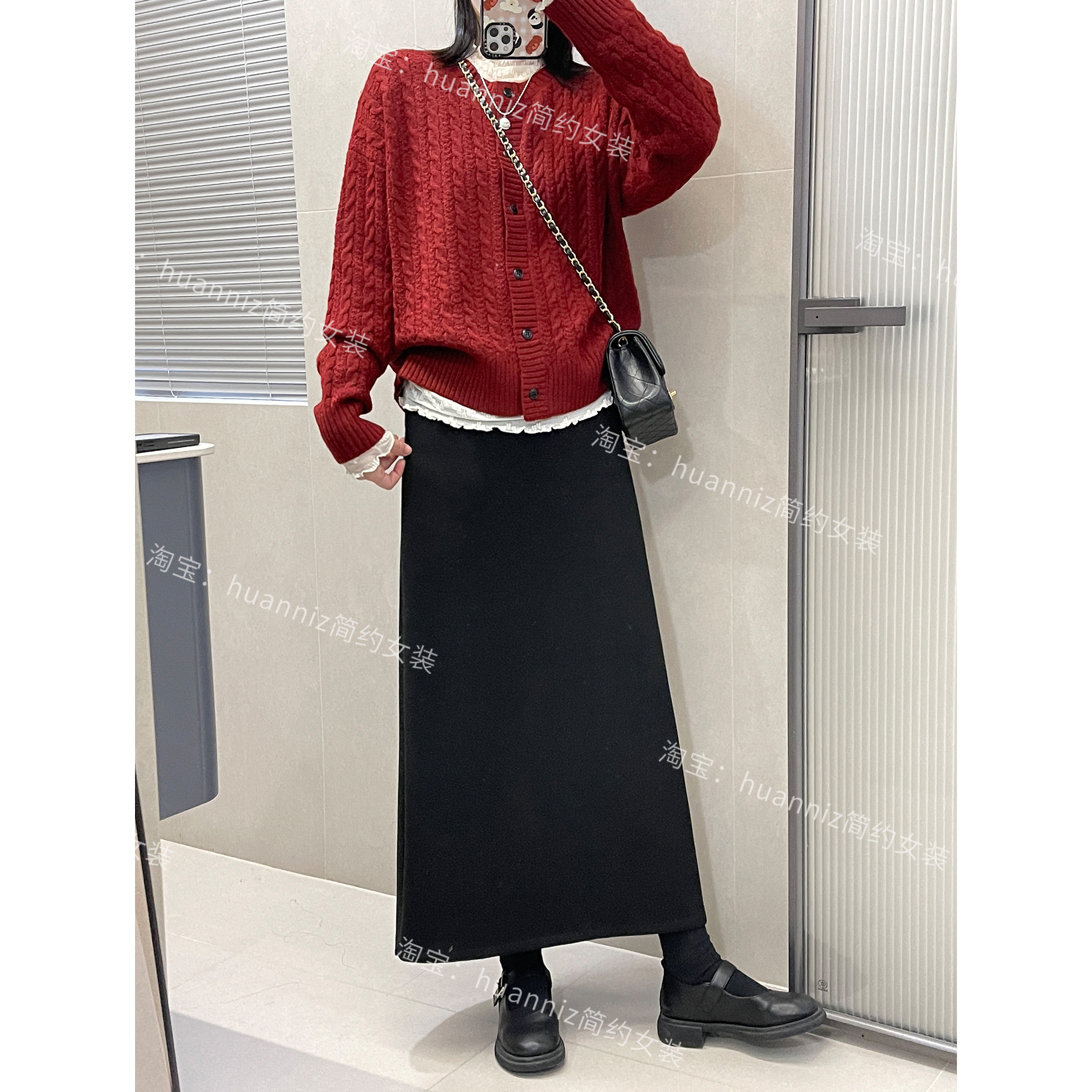 ju显瘦黑色醋酸羊绒半身裙A字裙