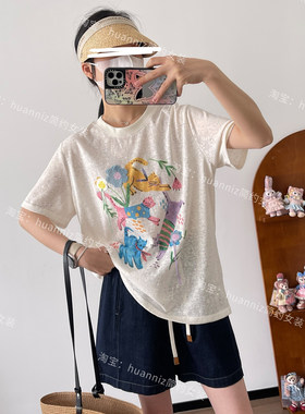 彩色雪花点点猫咪印花刺绣T恤