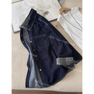 春季韩系刺绣红扣子牛仔衬衫格子翻边袖防褪色外套叠穿休闲开衫女