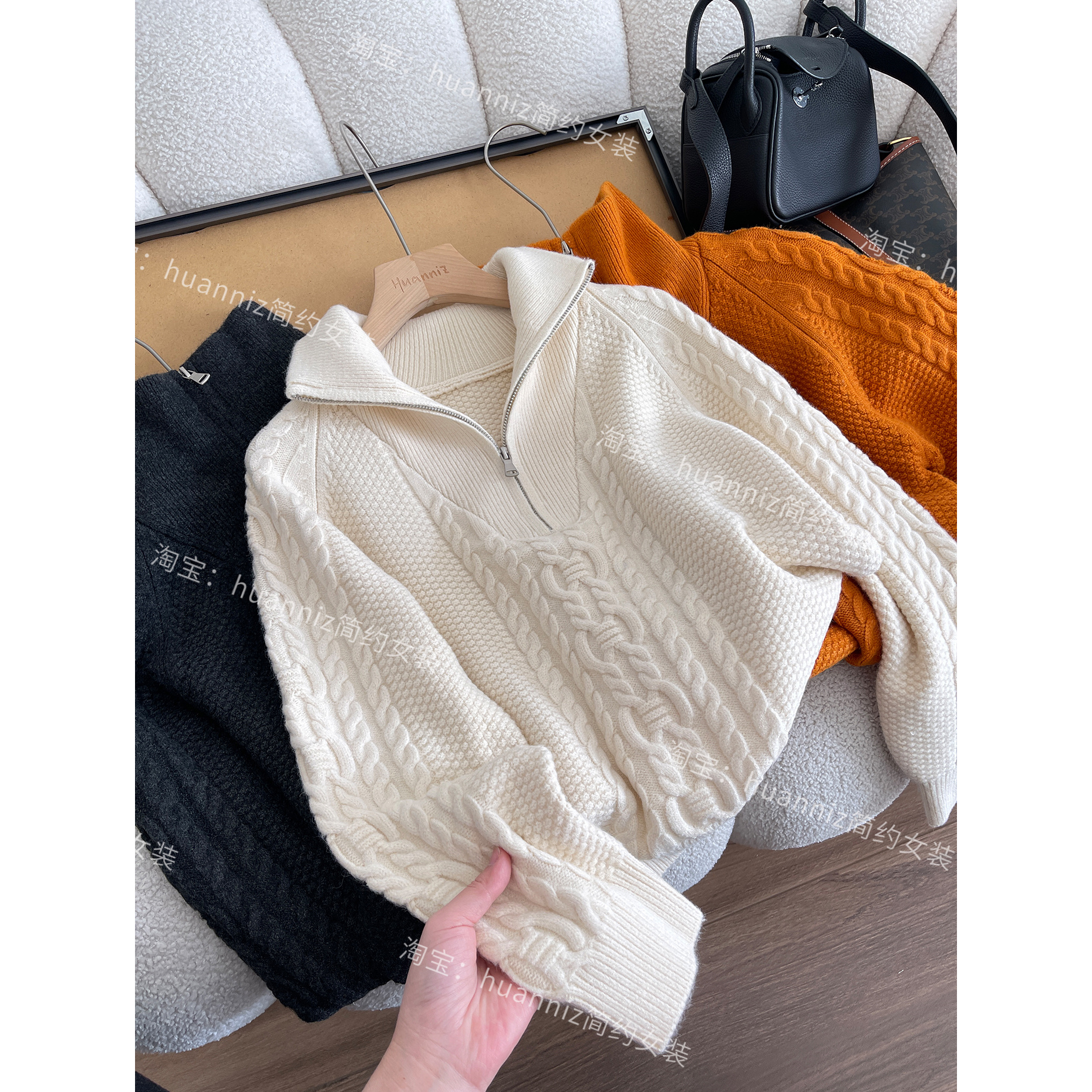 粗线厚款拉链翻领复古麻花毛衣